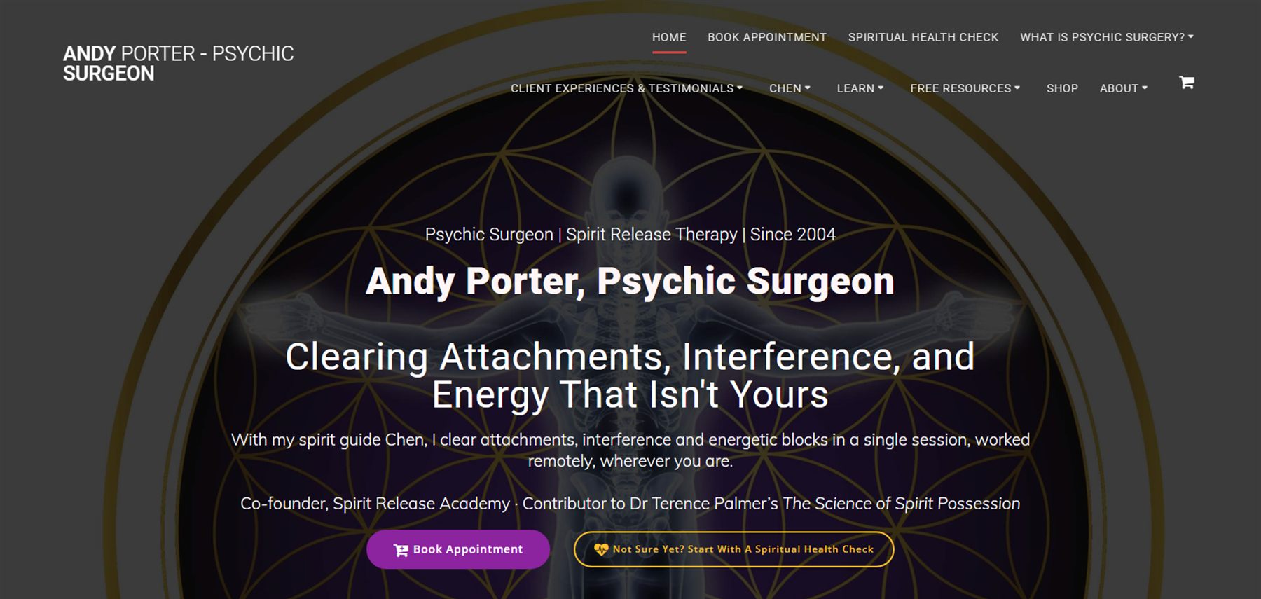 Andy Porter homepage built by Swarm ICT, with book appointment and spiritual health check buttons