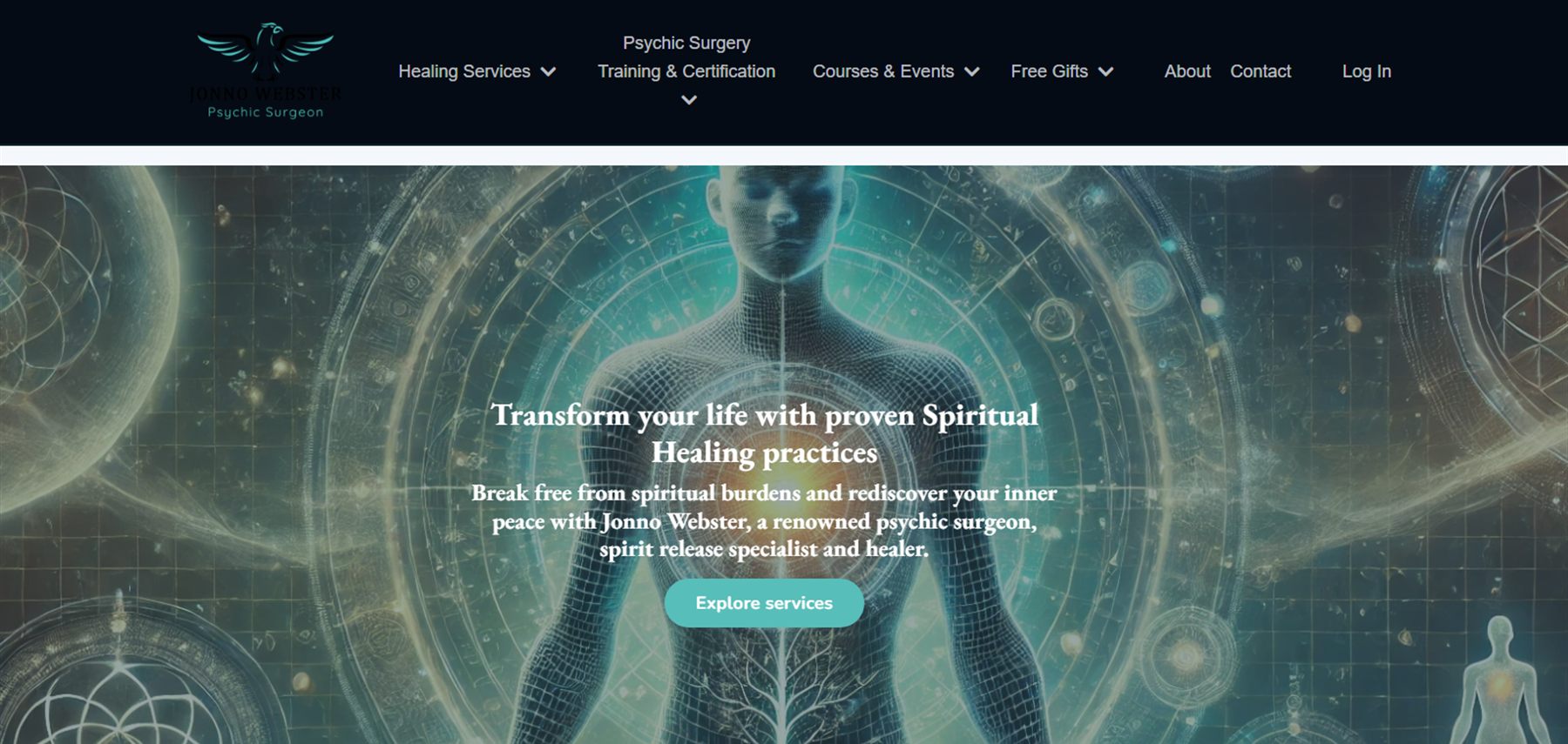 Jonno Webster homepage built by Swarm ICT, with healing services navigation