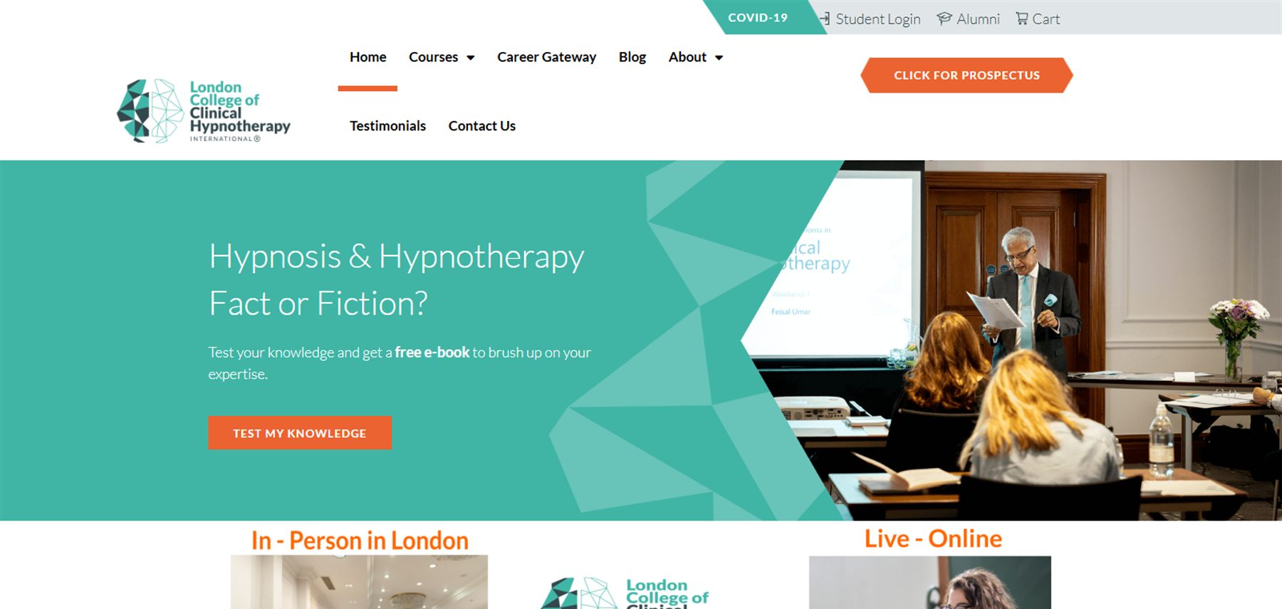 LCCH International homepage built by Swarm ICT, with course navigation and a prospectus call to action
