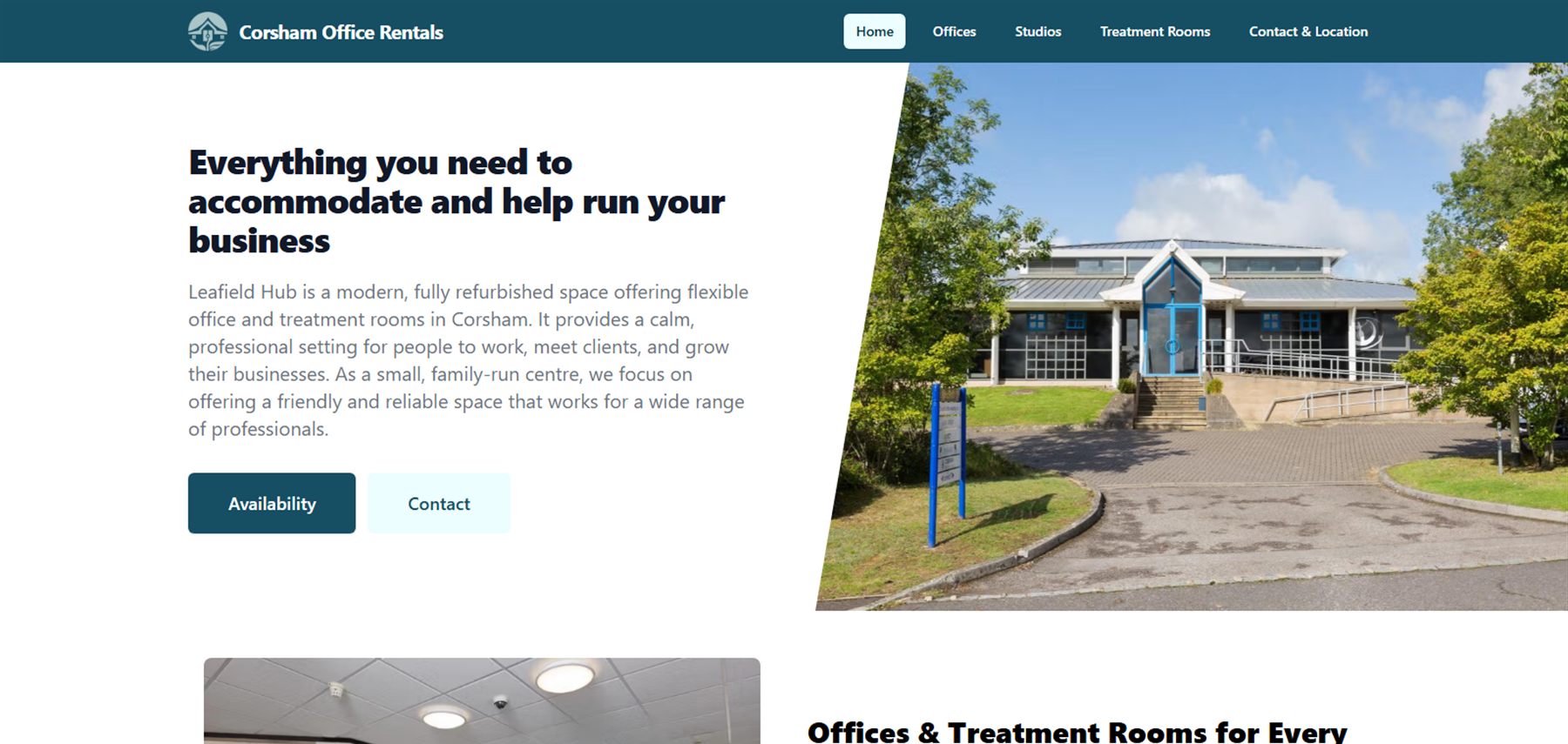 Corsham Office Rentals homepage built by Swarm ICT, showing the Leafield Hub building