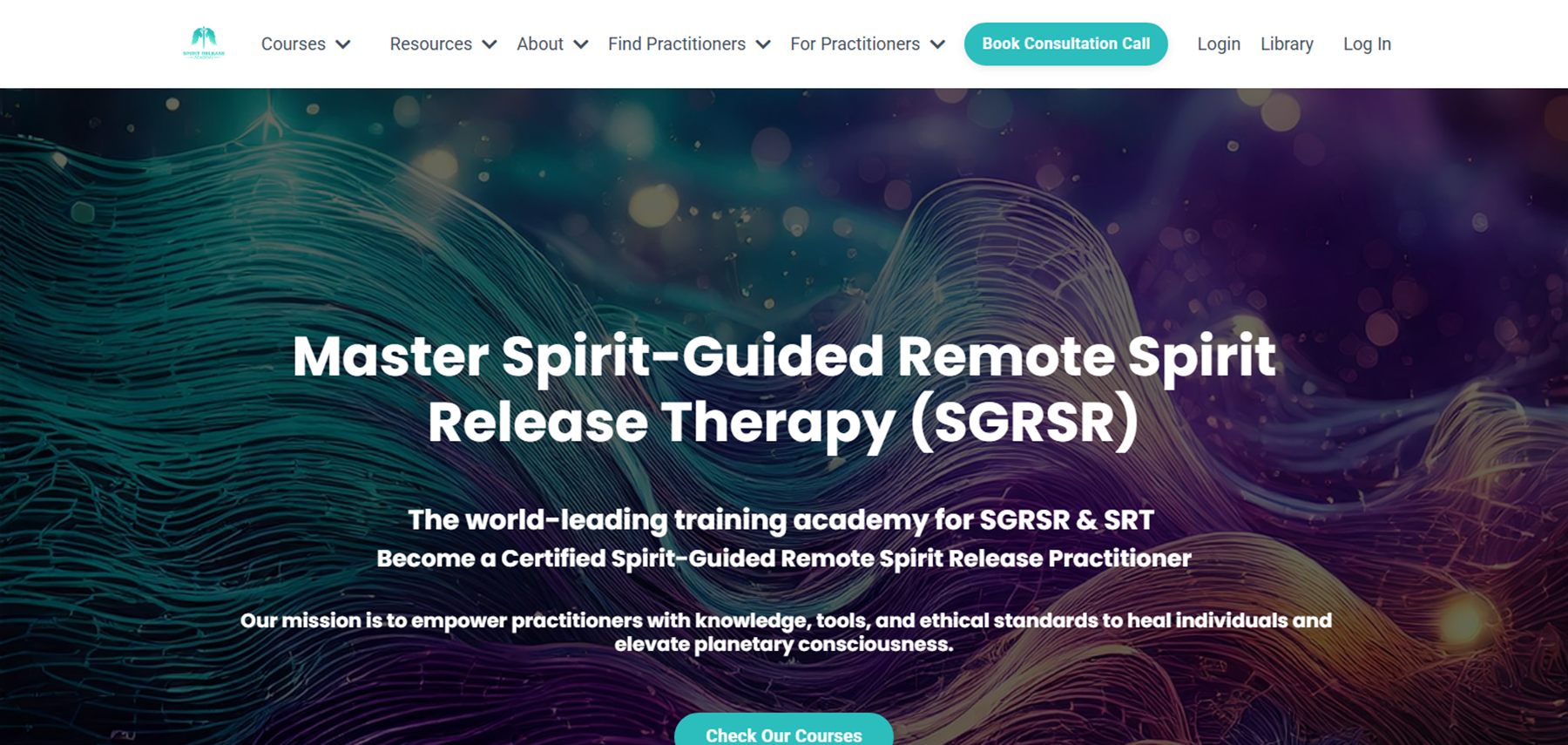 Spirit Release Academy homepage built by Swarm ICT, with course navigation and a book consultation call button
