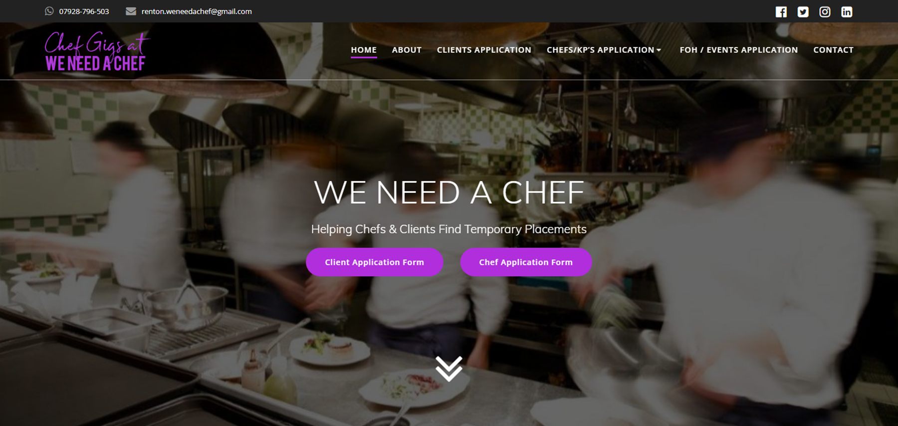 We Need A Chef homepage built by Swarm ICT, with separate application routes for clients and chefs